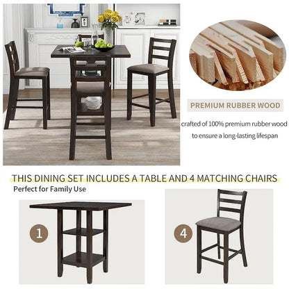 5 Piece Counter Height Square Dining Table Set with 4 Chairs