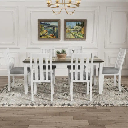 Retro Style 7-Piece Dining Table Set with Extendable Table and 6 Upholstered Chairs (Antique Brown+White)