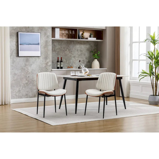 Dining Chairs Set of 2 Mid Century Modern Retro Faux Leather Chair with Bentwood Upholstered Seat Metal Legs Adjustable Foot