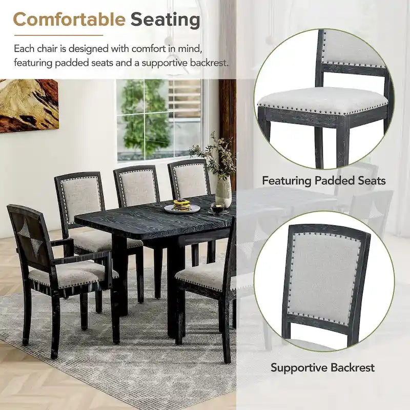 Rustic Extendable Dining Table Set with 24inch Removable Leaf, 6 Upholstered Armless Dining Chairs and 2 Padded Arm Chairs