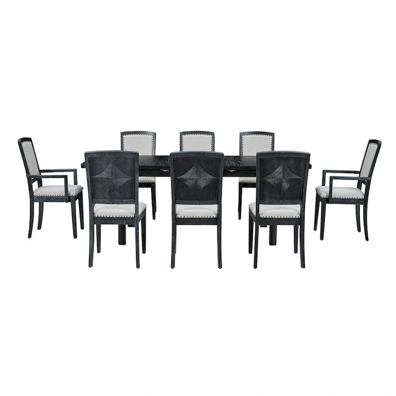 Rustic Extendable Dining Table Set with 24inch Removable Leaf, 6 Upholstered Armless Dining Chairs and 2 Padded Arm Chairs