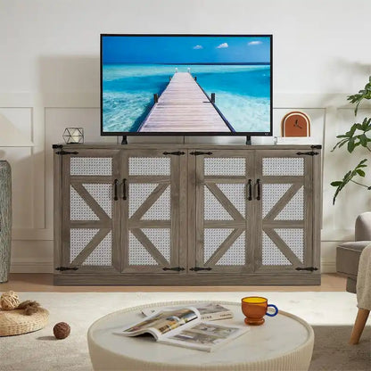 65-Inch Slate Gray Faux Rattan Sideboard with Barn Doors Rustic Sideboard,4-Door Storage for Living Room,Entryway,Dining Room