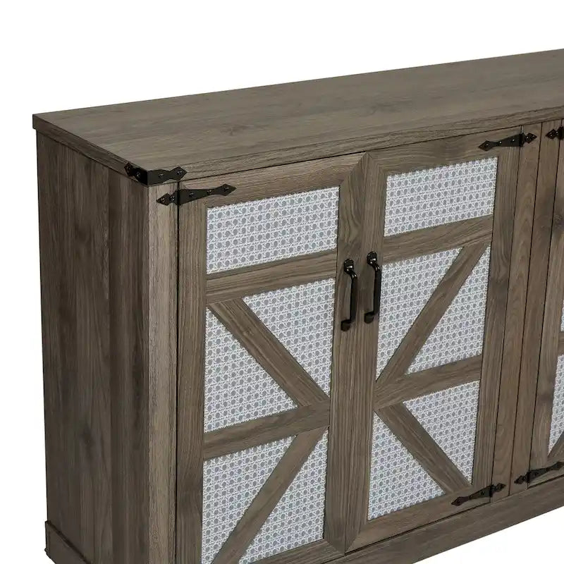 65-Inch Slate Gray Faux Rattan Sideboard with Barn Doors Rustic Sideboard,4-Door Storage for Living Room,Entryway,Dining Room