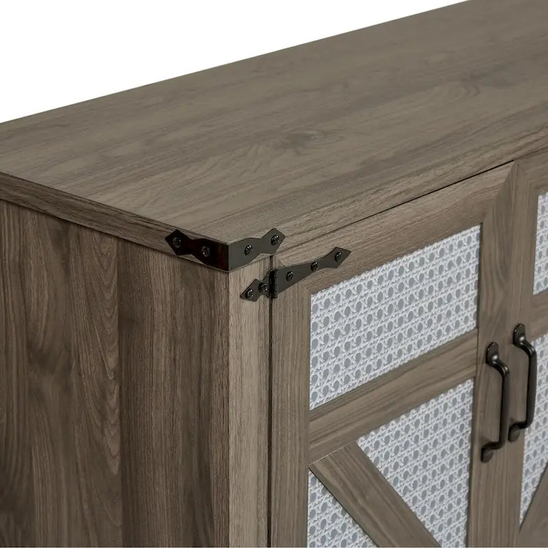 65-Inch Slate Gray Faux Rattan Sideboard with Barn Doors Rustic Sideboard,4-Door Storage for Living Room,Entryway,Dining Room