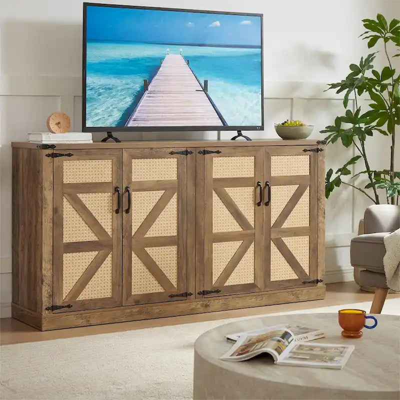65-Inch Slate Gray Faux Rattan Sideboard with Barn Doors Rustic Sideboard,4-Door Storage for Living Room,Entryway,Dining Room