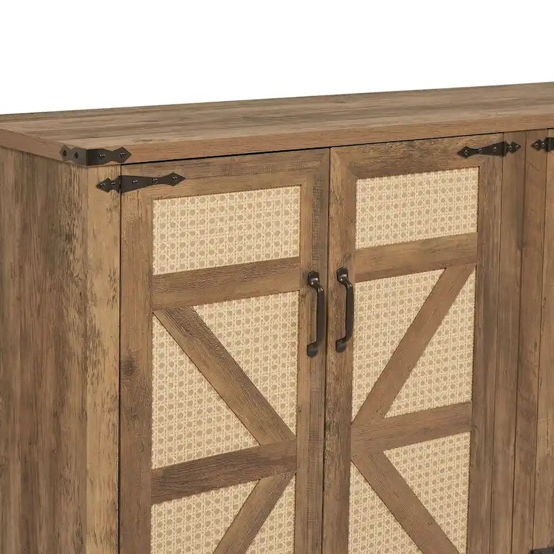 65-Inch Slate Gray Faux Rattan Sideboard with Barn Doors Rustic Sideboard,4-Door Storage for Living Room,Entryway,Dining Room