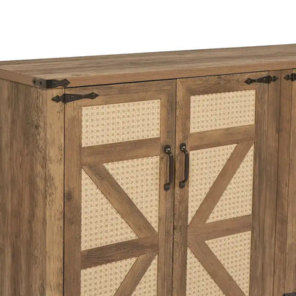 65-Inch Slate Gray Faux Rattan Sideboard with Barn Doors Rustic Sideboard,4-Door Storage for Living Room,Entryway,Dining Room