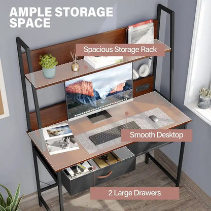 Computer Desk Writing Table w/ Power Outlets, Drawers and Storage Shelf, Workstation for Home Office