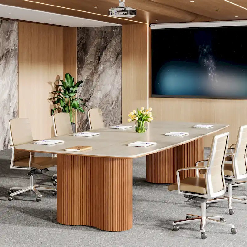 6.5 ft Conference Table with Sintered Stone Top & Wave Stripe Solid Wood Base