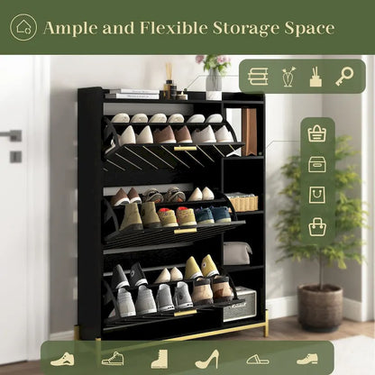Shoe Cabinet with 3 Flip Drawers & Open Shelves, Entryway Shoe Storage Cabinet Slim, Narrow Hidden Shoe Rack for Heels, Boots