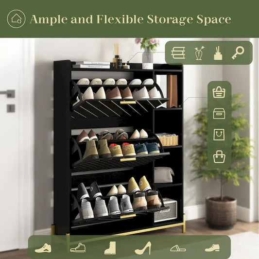 Shoe Cabinet with 3 Flip Drawers & Open Shelves, Entryway Shoe Storage Cabinet Slim, Narrow Hidden Shoe Rack for Heels, Boots