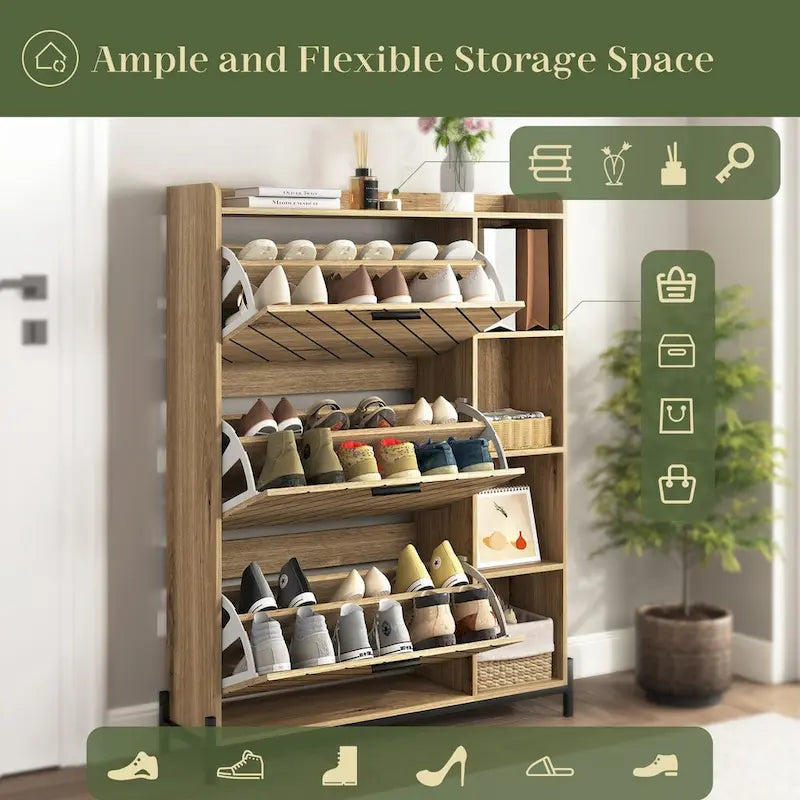 Shoe Cabinet with 3 Flip Drawers & Open Shelves, Entryway Shoe Storage Cabinet Slim, Narrow Hidden Shoe Rack for Heels, Boots