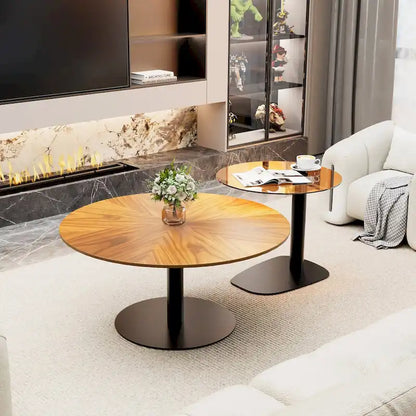 Set of 2 Modern Stacking Round Coffee Table Side Table Set with Slate Glass Top