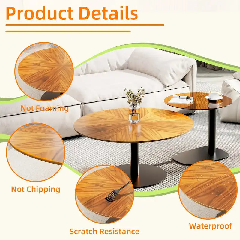 Set of 2 Modern Stacking Round Coffee Table Side Table Set with Slate Glass Top