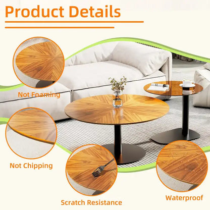 Set of 2 Modern Stacking Round Coffee Table Side Table Set with Slate Glass Top
