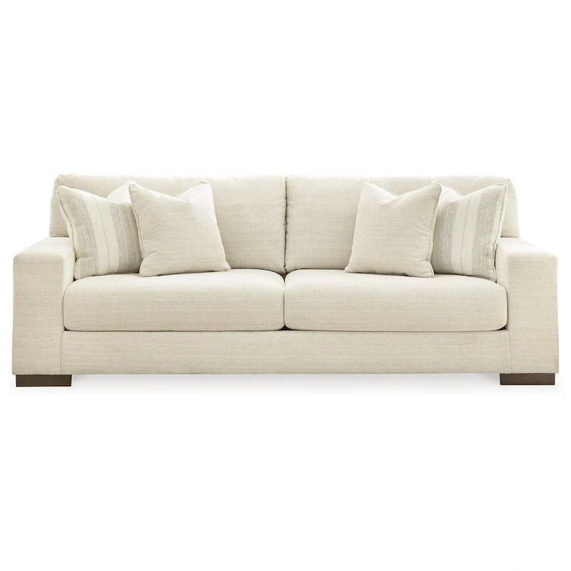 Magg 96 Inch Sofa, 4 Accent Pillows, Oversized Cushion, Beige Polyester