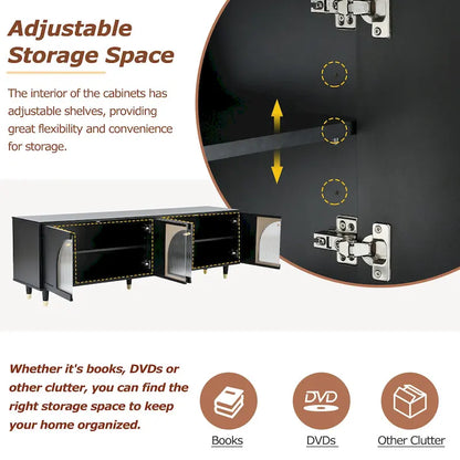 Stylish Media Console with Gold Handles and Arch Fluted Glass Doors