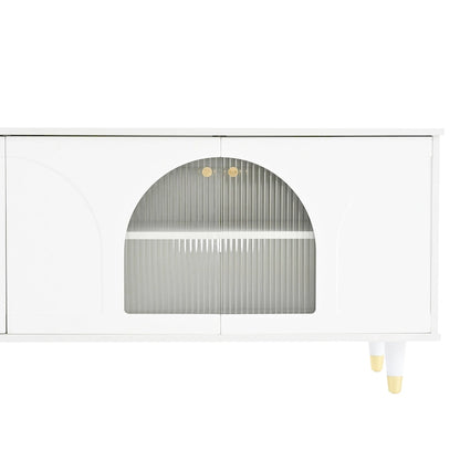 Stylish Media Console with Gold Handles and Arch Fluted Glass Doors