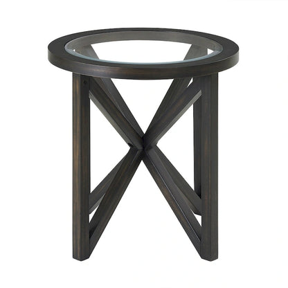Tempered Glass Coffee Table Solid Wood Base Round Transparent Glass Top