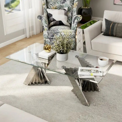 Clear Tempered Glass Coffee Table with Silver Stainless Steel Base for Living Room