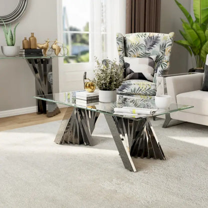 Clear Tempered Glass Coffee Table with Silver Stainless Steel Base for Living Room