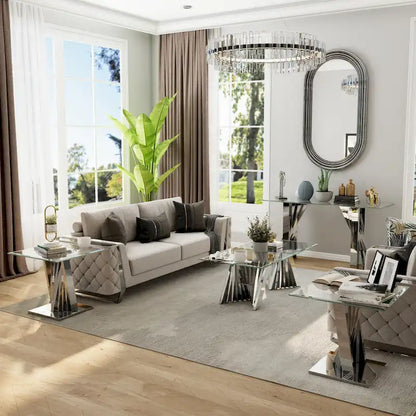 Clear Tempered Glass Coffee Table with Silver Stainless Steel Base for Living Room