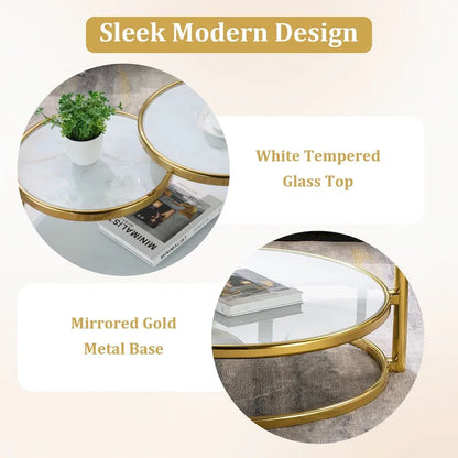 Round Tempered Glass Coffee Table with 3 Tiers 360 Degrees Rotating Top