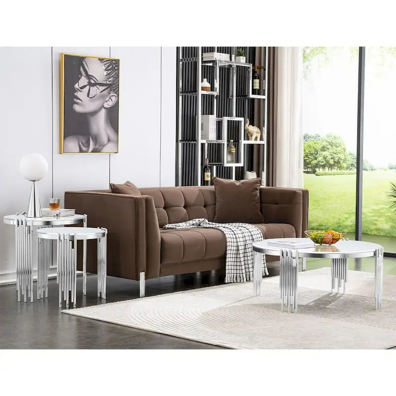 Round Tempered Glass Coffee Table with 3 Tiers 360 Degrees Rotating Top