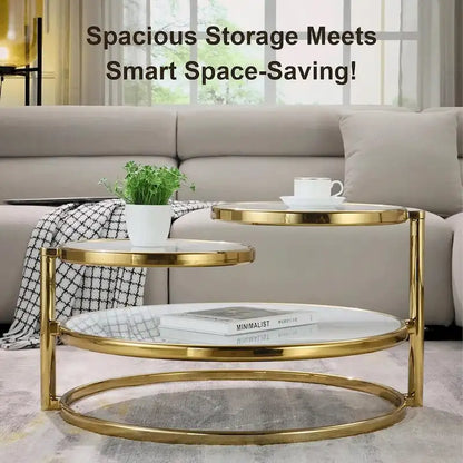 Round Tempered Glass Coffee Table with 3 Tiers 360 Degrees Rotating Top