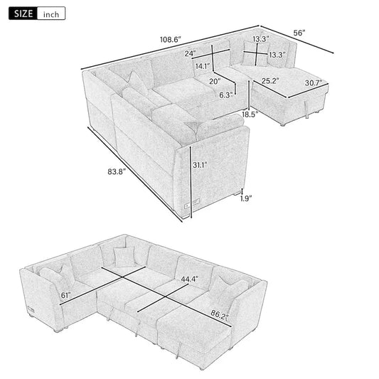 U-shaped Sectional Sofa Pull out Sofa Bed,2 USB Ports,2 Power Sockets,3 Back Pillows,Storage Chaise,Black