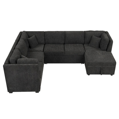 U-shaped Sectional Sofa Pull out Sofa Bed,2 USB Ports,2 Power Sockets,3 Back Pillows,Storage Chaise,Black