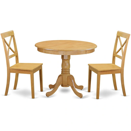 East West Furniture 3 Piece Modern Dining Table Set- a Round Kitchen Table with Pedestal and 2 Kitchen Dining Chairs, Oak