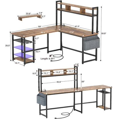 L-Shape Gaming Desk Wood Office Computer Table with Hutch and USB Port