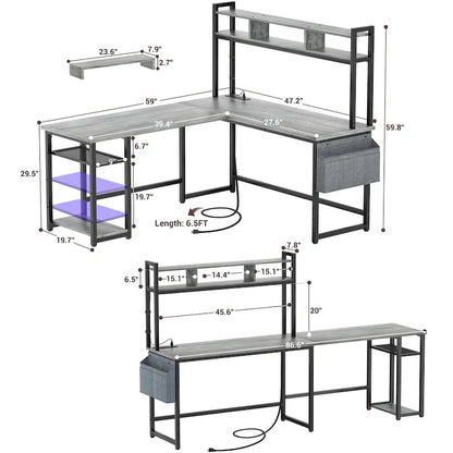 L-Shape Gaming Desk Wood Office Computer Table with Hutch and USB Port