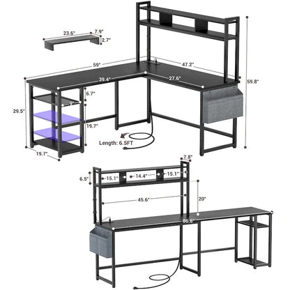 L-Shape Gaming Desk Wood Office Computer Table with Hutch and USB Port