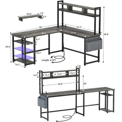 L-Shape Gaming Desk Wood Office Computer Table with Hutch and USB Port