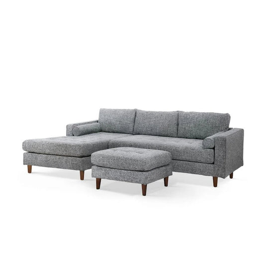 Ryle 104 Inch Sectional Sofa with Chaise and Ottoman, 2 Pillows, Gray Woven