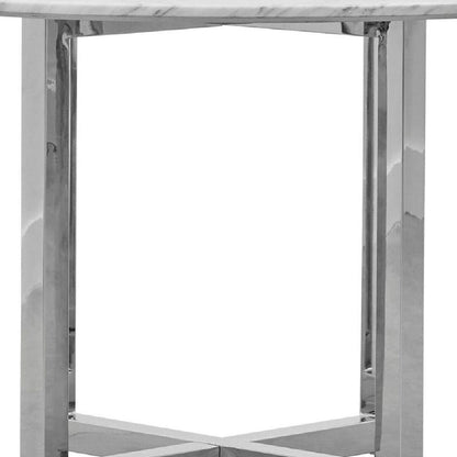 Eun 48 Inch Round Dining Table with Marble Top, Cross Base, Chrome