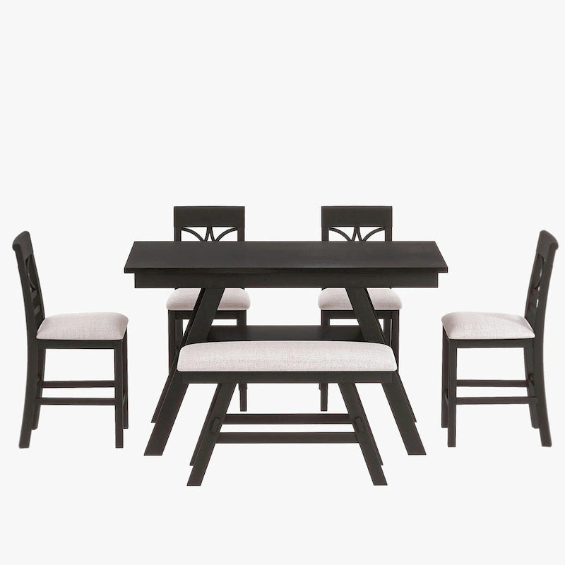 6-Piece Wood Counter Height Kitchen Dining Table Set with Storage Shelf, Bench and 4 Chairs, Espresso and Beige