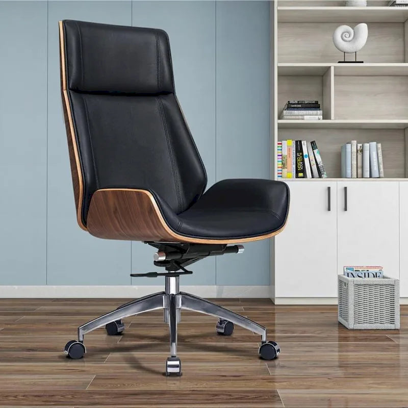 Genuine Leather High Back Executive Office Chair in Solid Walnut Wood