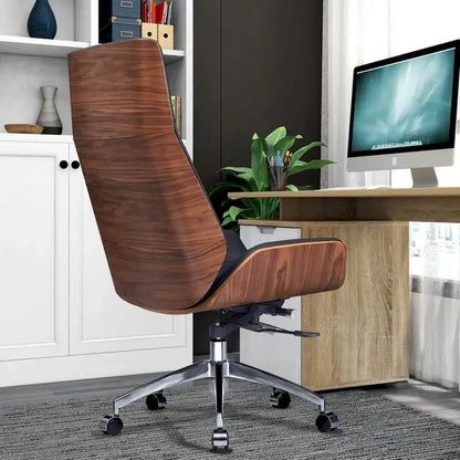 Genuine Leather High Back Executive Office Chair in Solid Walnut Wood