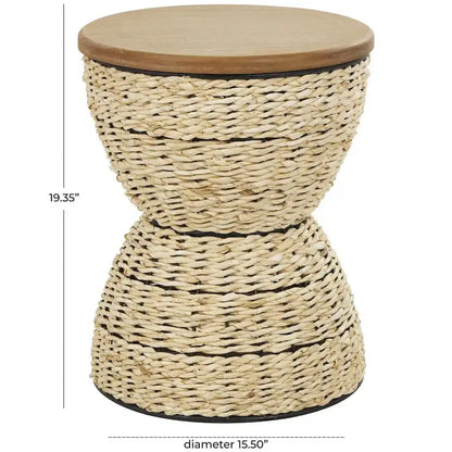 Rattan Handmade Woven Side End Accent Table with Wood Tabletop and Black Frame - Light Brown or Brown - Roche River Decor