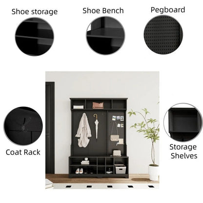 77.17H Hall Tree with Shoe Bench,Coat Rack,Shoe Storage,Shelves and Pegboard