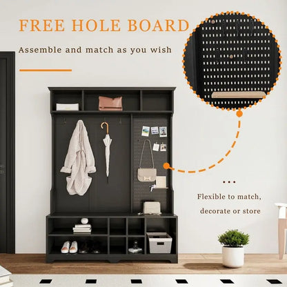 77.17H Hall Tree with Shoe Bench,Coat Rack,Shoe Storage,Shelves and Pegboard