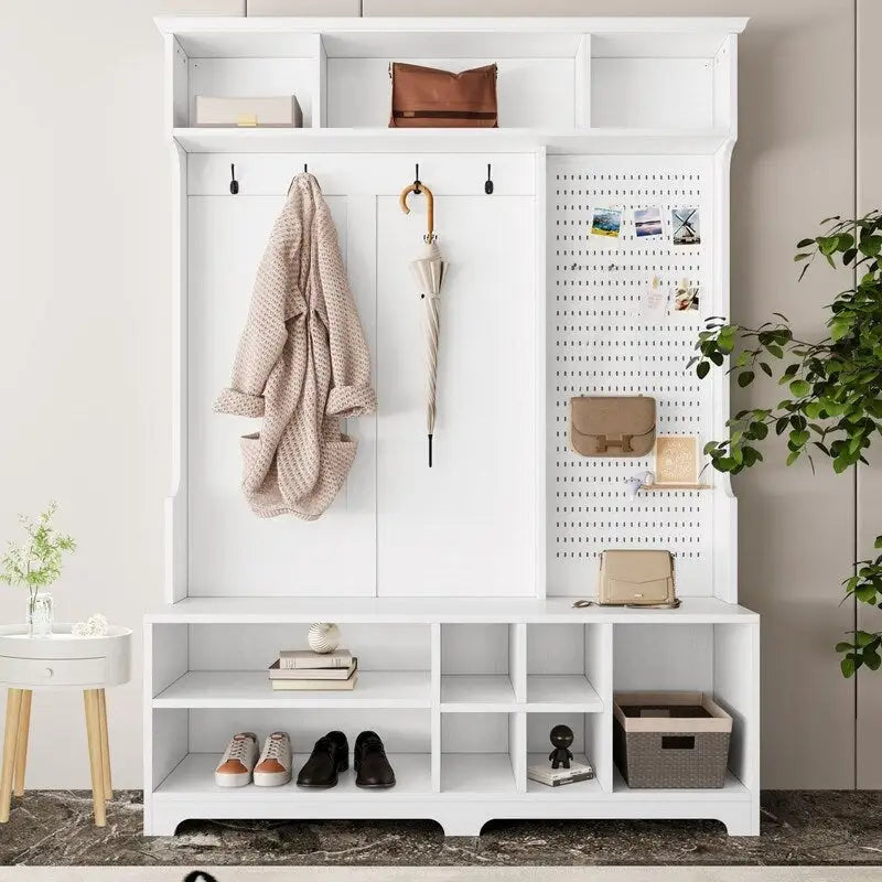 77.17H Hall Tree with Shoe Bench,Coat Rack,Shoe Storage,Shelves and Pegboard