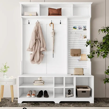 77.17H Hall Tree with Shoe Bench,Coat Rack,Shoe Storage,Shelves and Pegboard