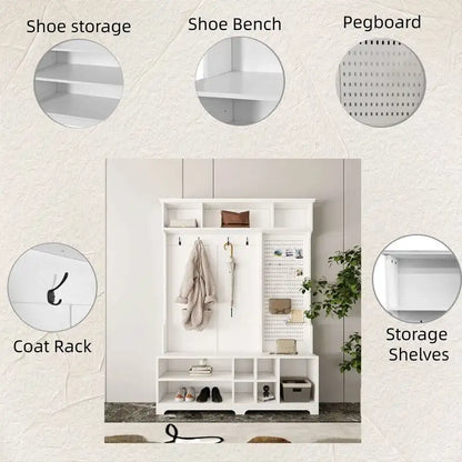 77.17H Hall Tree with Shoe Bench,Coat Rack,Shoe Storage,Shelves and Pegboard
